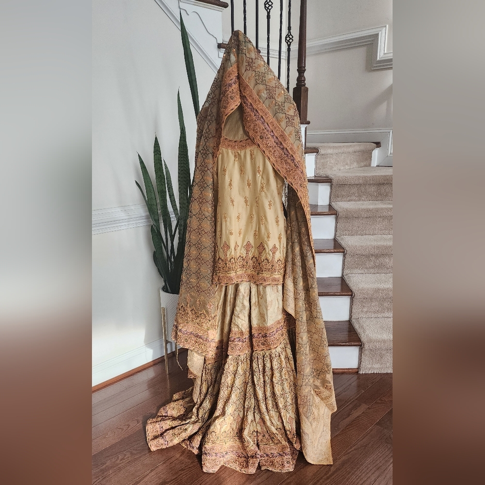 Pakistani Bridal Gharaga 3 piece set -Fawn color